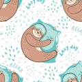 Seamless pattern of sloth bears sleeping on pillows. Vector illustration of sleepy sloths wearing sleep masks in cartoon style.